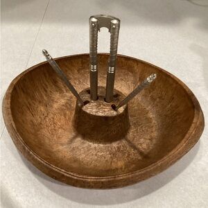 Rustic Brown Coconut Shell Bowl with Metal Picks